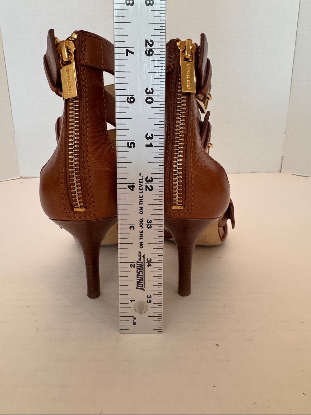 Michael Michael Kors Lucinda Brown Leather Strap Heels 8.5 M Sandals Gold Buckle - Picture 6 of 11